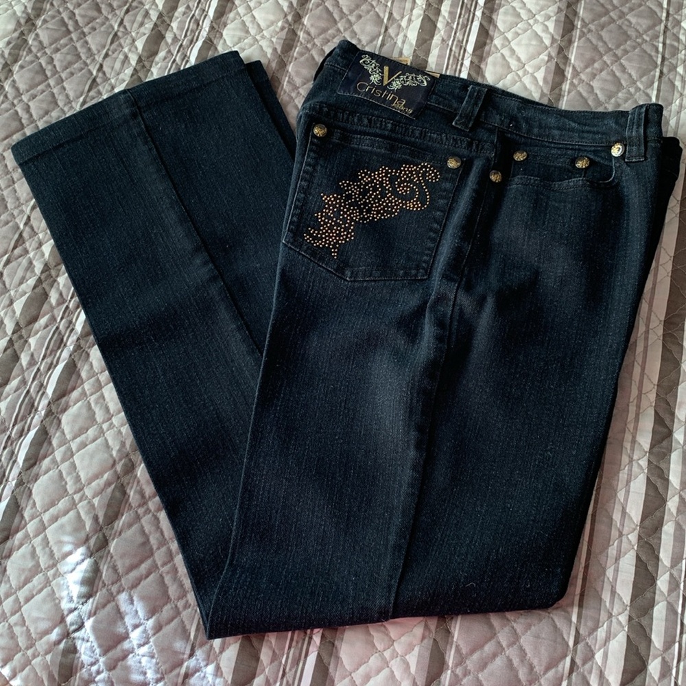 V Cristina Black Straight Leg Jeans with Gold Studded Back Pockets EUC